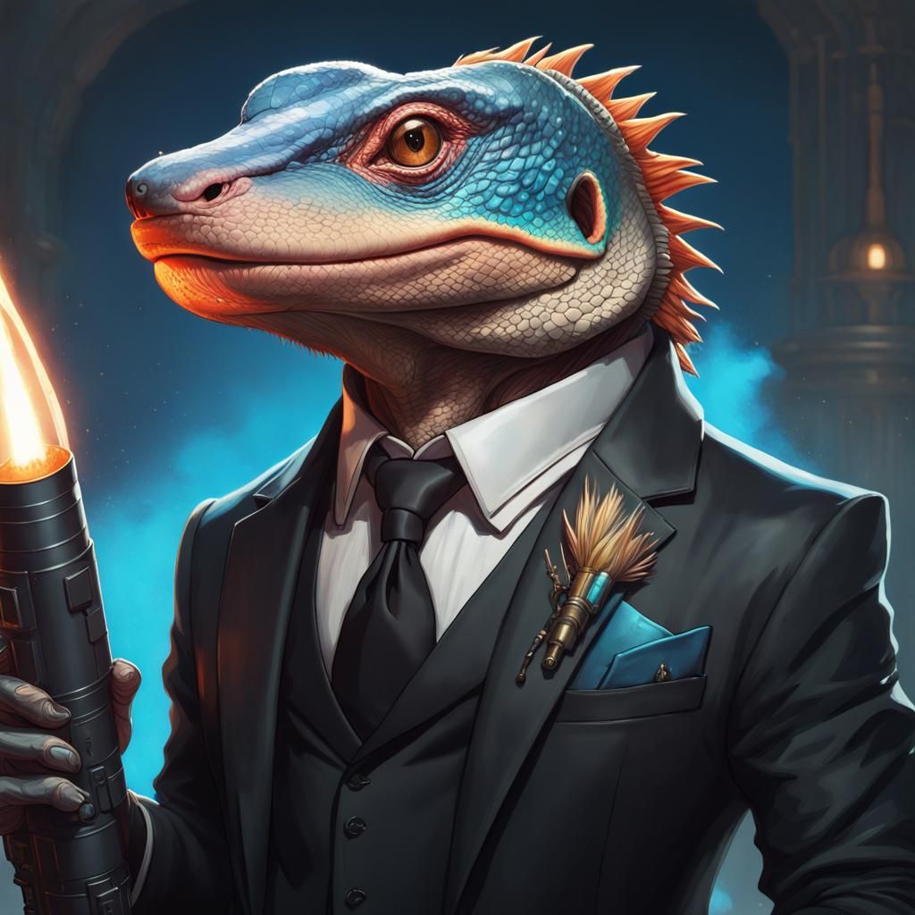 Lizard in Suit with Rocket Launcher, Hyperdetailed Portrait