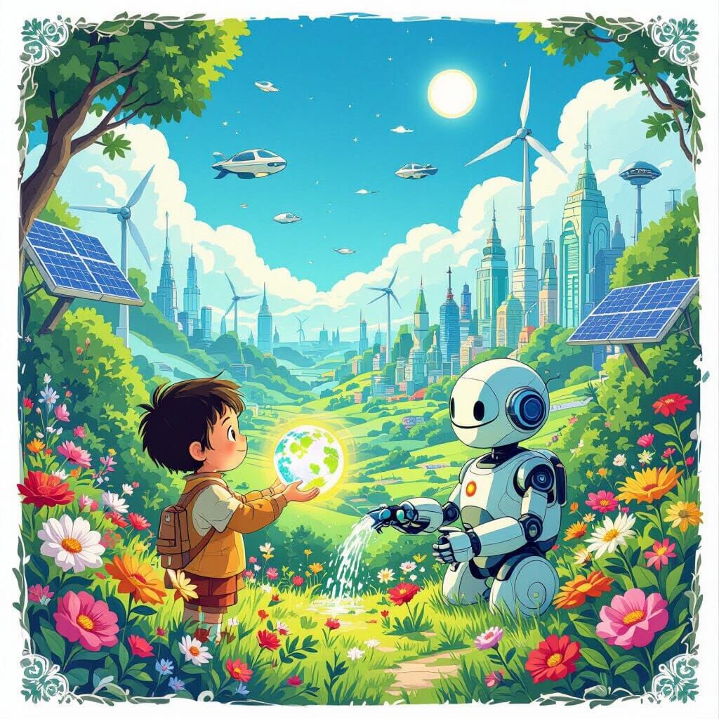 Child Holds Earth Orb in Harmonious Futuristic World