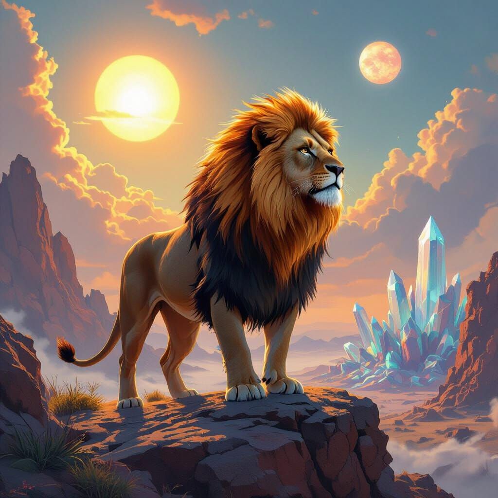 Fiery Lion Overlooks Alien Landscape