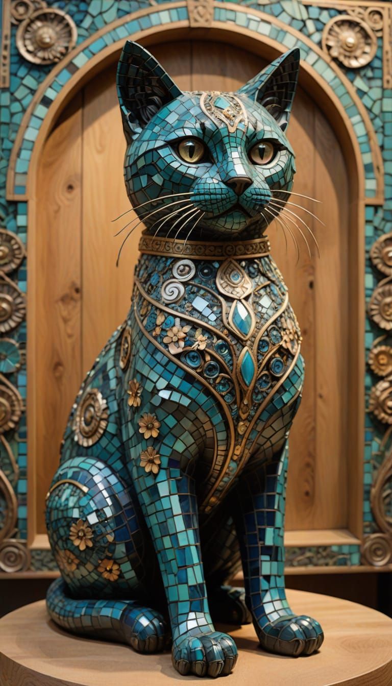 Surreal, Ornate Cat Sculpture in Mosaic Style