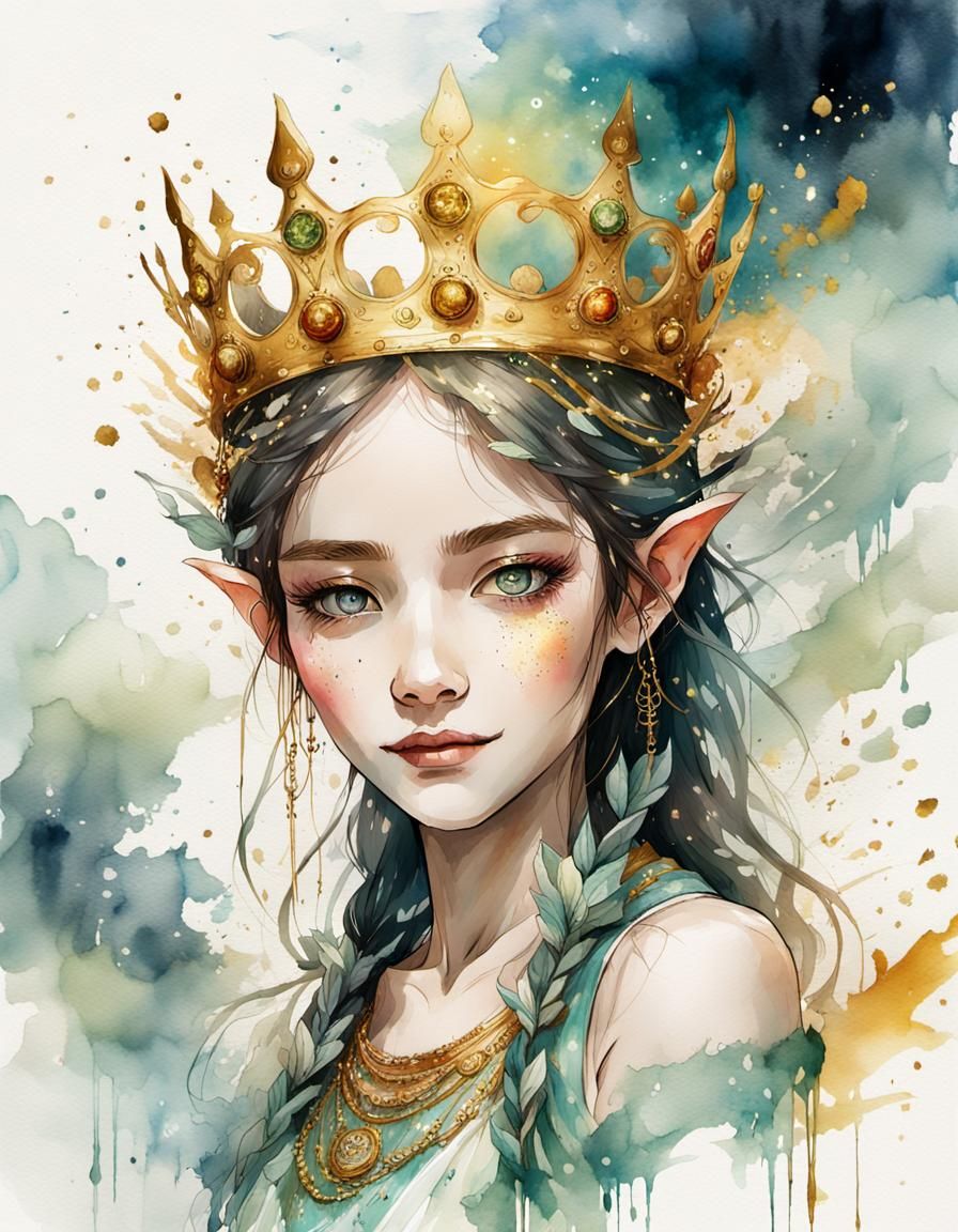Ethereal Elf Queen in Digital Watercolor Illustration