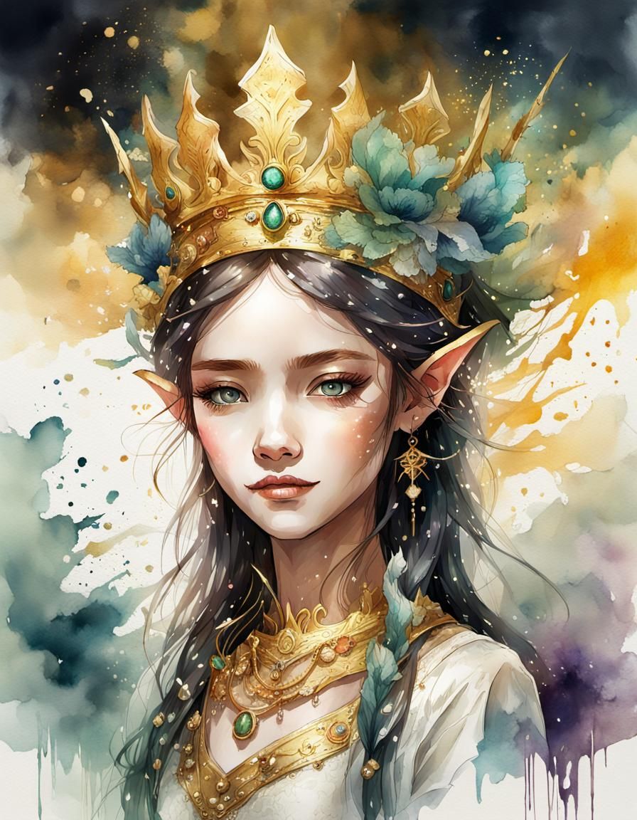 Ethereal Elf Queen in Digital Watercolor Style