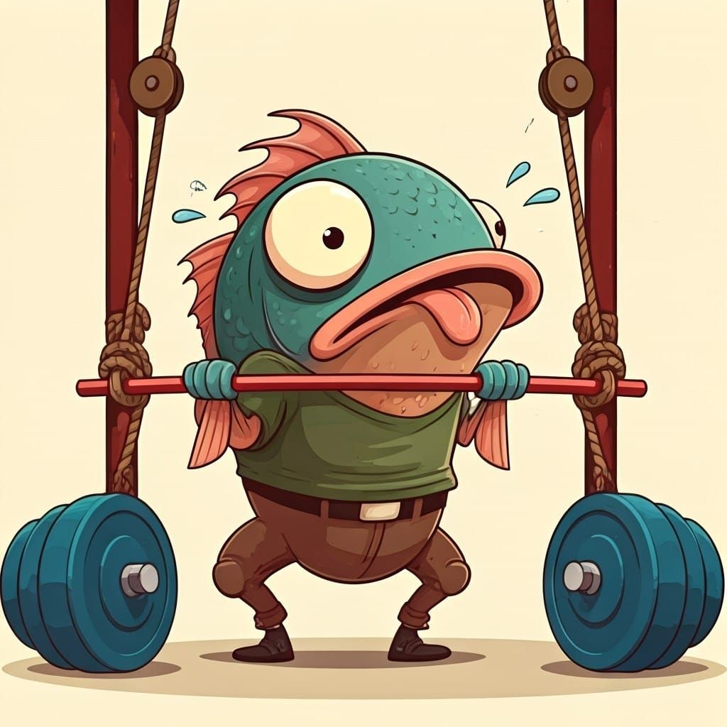Comical Cartoon Fish in a Whimsical Gym Scene