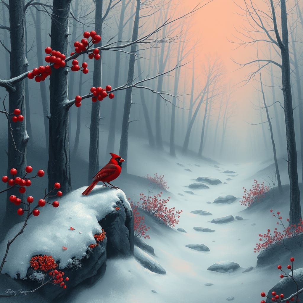 Mystical Winter Woodland in Soft Grays and Warm Reds
