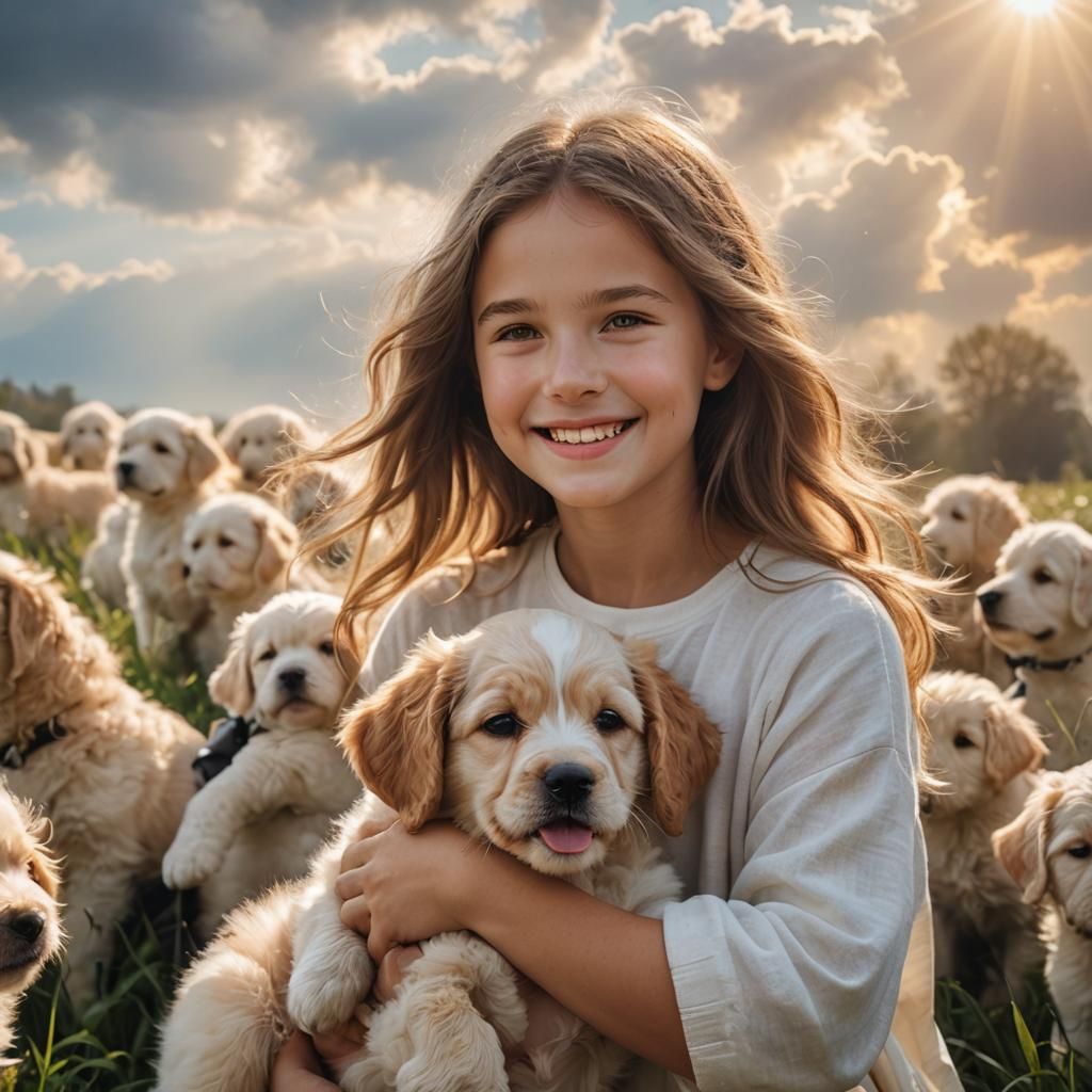 Gentle Girl with Puppy in Heavenly Light