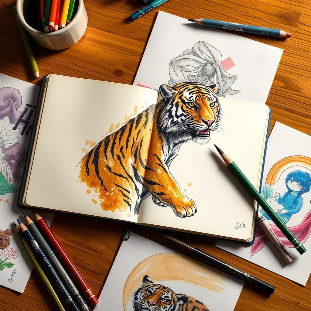 Tiger Sketch in Open Sketchbook, Illustration Art