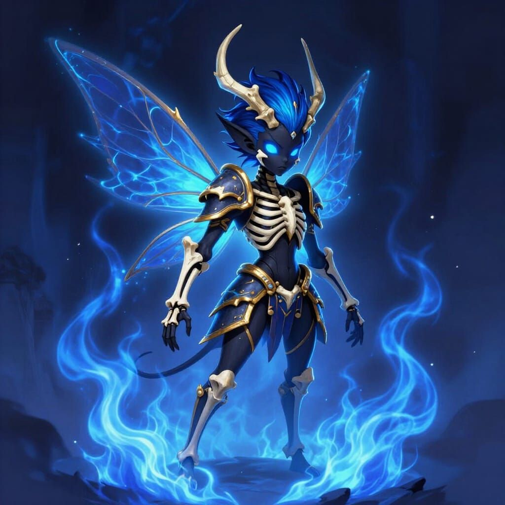 Skeleton Pixie with Blue Flames and Bone Armor in Fantasy St...