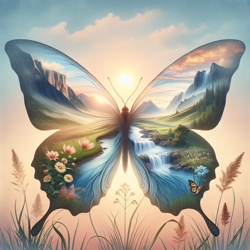 Butterfly with Landscape Wings in Dreamlike Setting