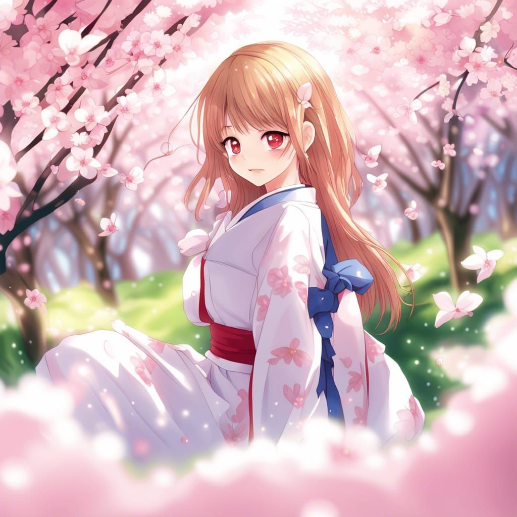 Beautiful Japanese Girl Among Sakura in Anime Style