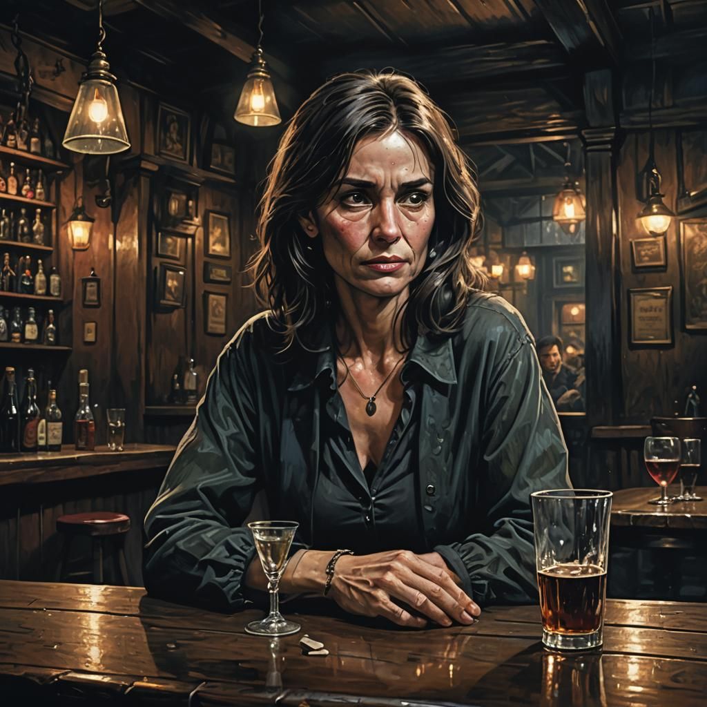 Ominous Pub Scene: Sad Woman in Dark Fantasy Art
