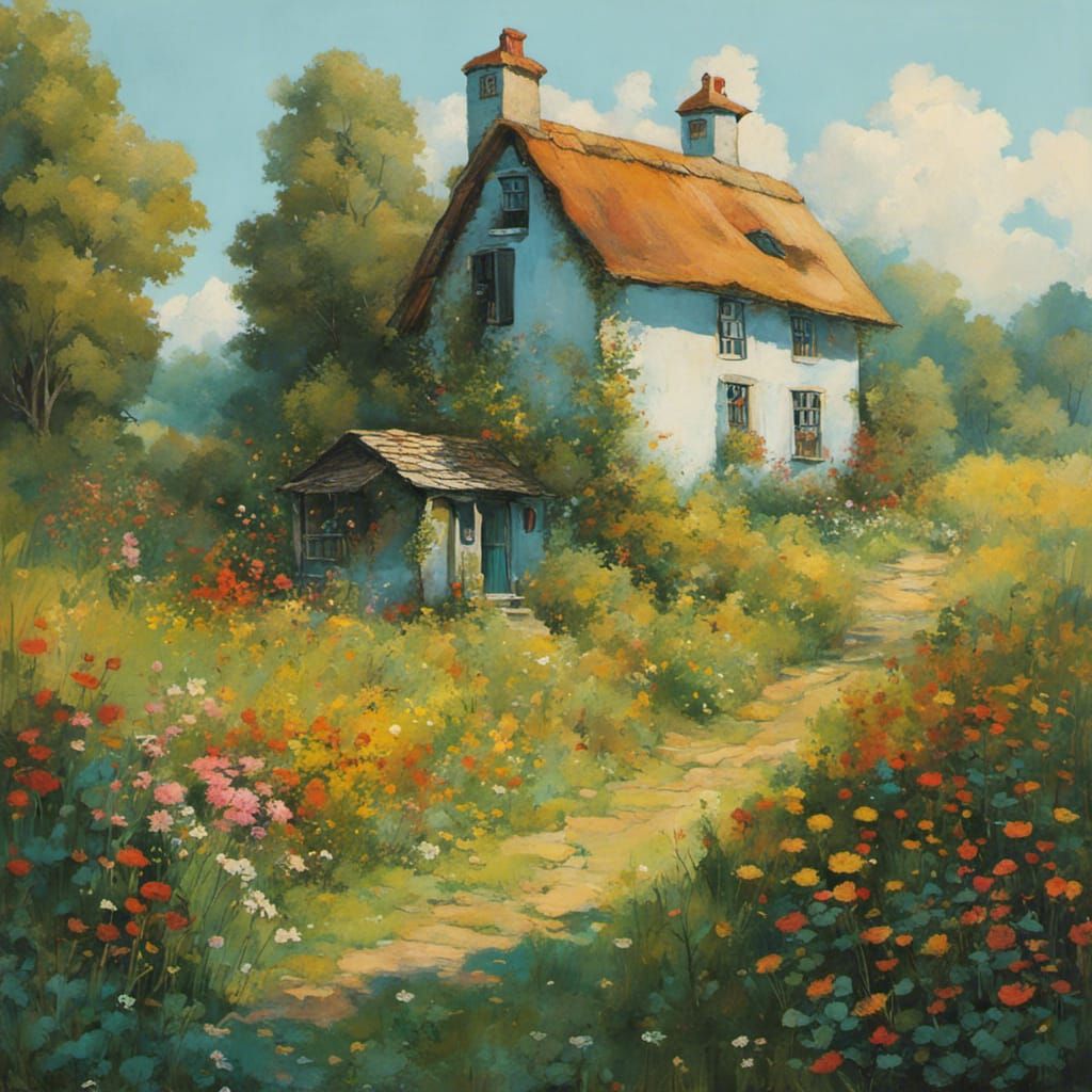 Enchanting Cottage Landscape Illustration