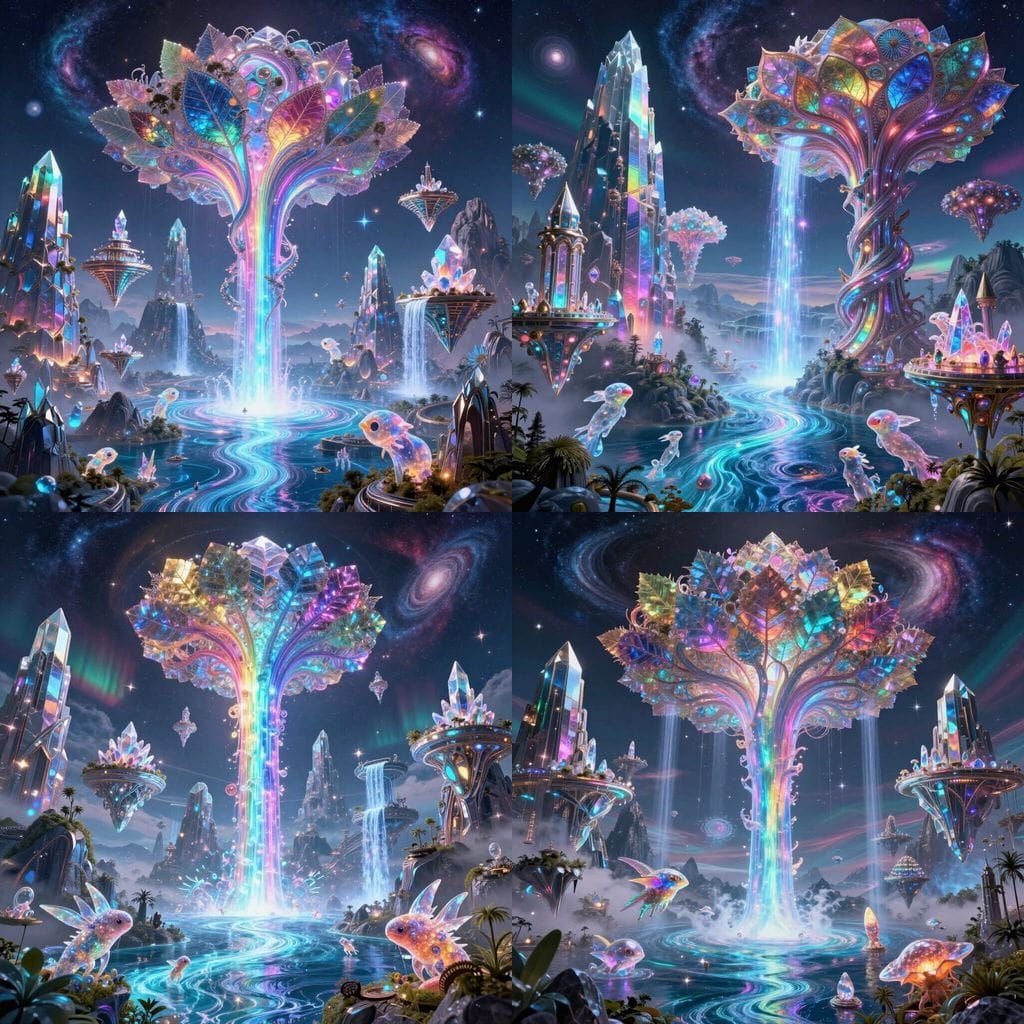 Surreal 3D World of Floating Mountains and Rainbow Energy