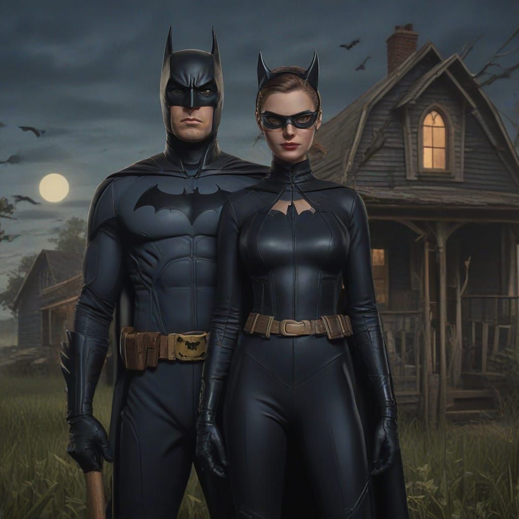 Batman and Catwoman in a Gothic, Semi-Realistic Painting