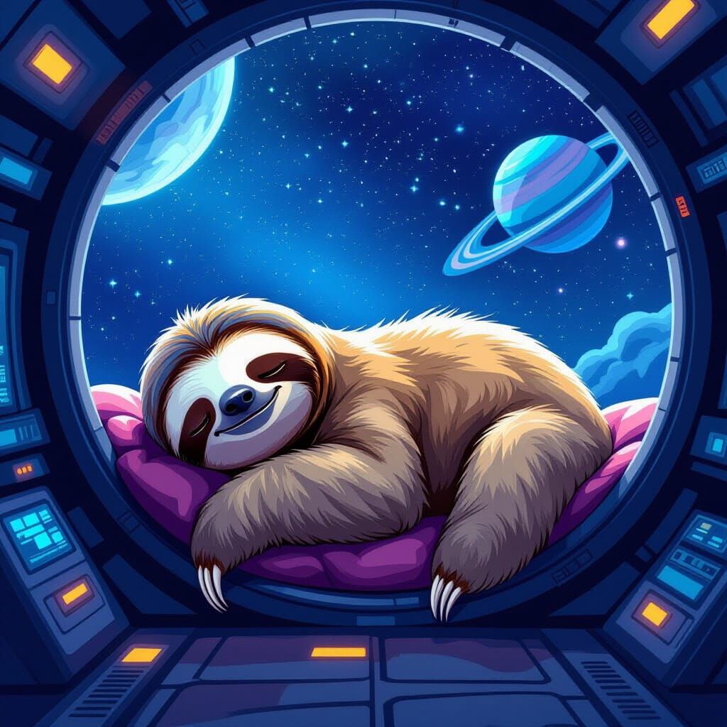 Alien Sloth Naps in Glowing Spaceship