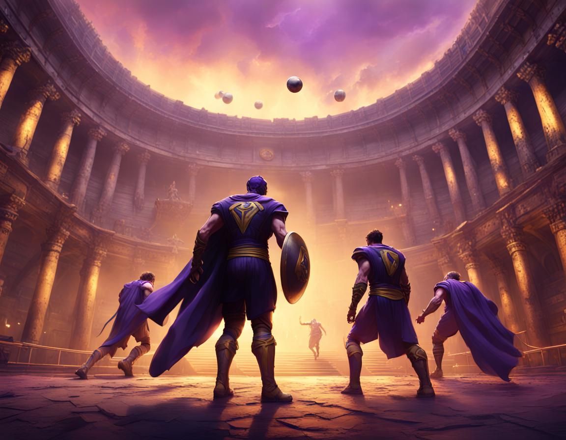 Superheroes Playing Football in Ancient Arena, Dark Fantasy ...