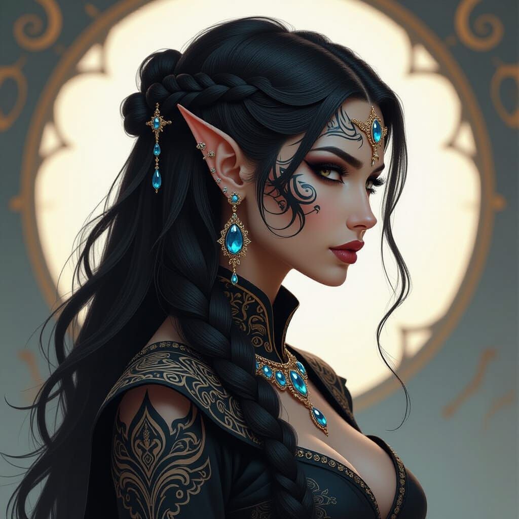 Shadow Elf Woman Portrait in Cyber-Baroque Style