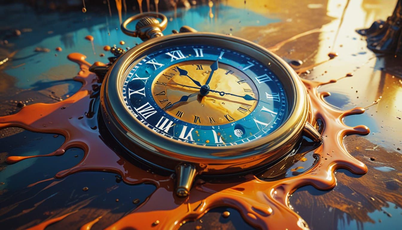 Melting Clock Dissolves in Surreal Dreamscape as Oil Paintin...