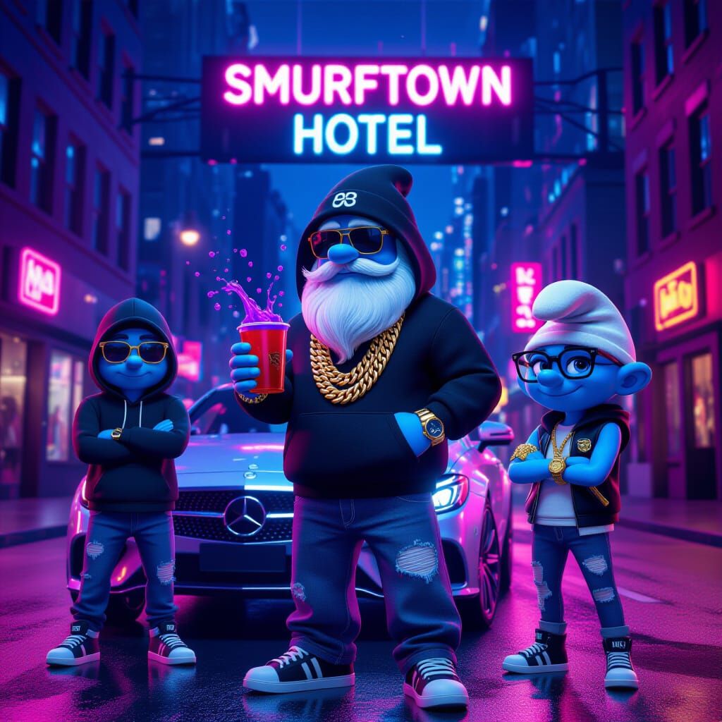 Smurf-Inspired Urban Characters in Neon City Street Poster