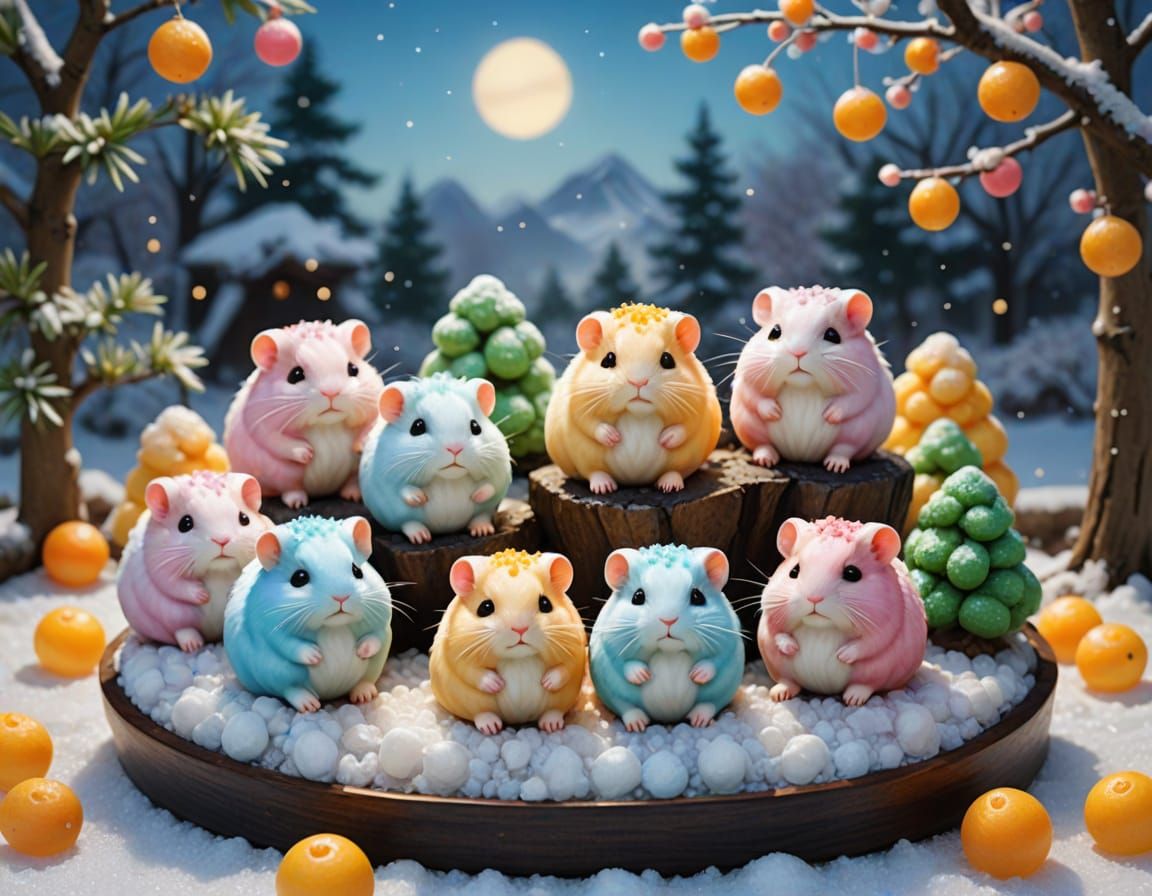 Whimsical Winter Wonderland: Mochi Hamsters in Traditional J...