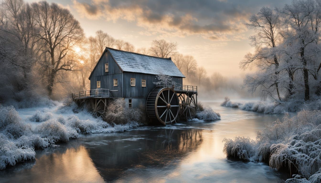Winter Watermill Serenade in Digital Watercolour