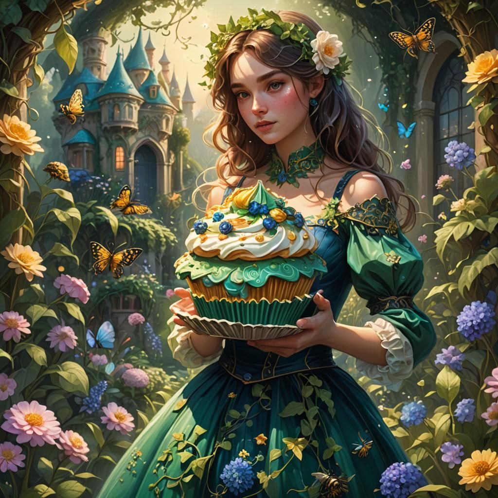 Enchanting Woman with Cupcake in Fantasy Garden