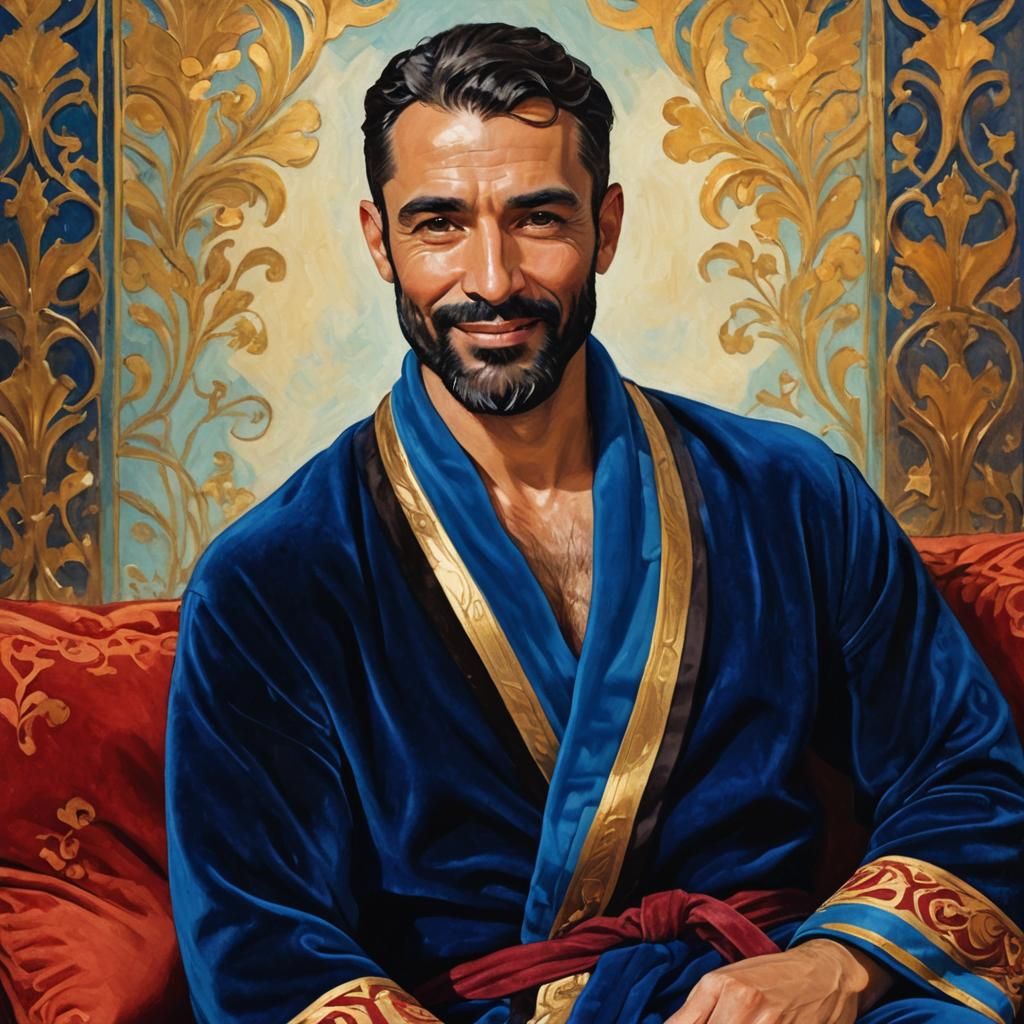 Friendly Gentleman in Blue Velvet Bathrobe, Impressionist St...