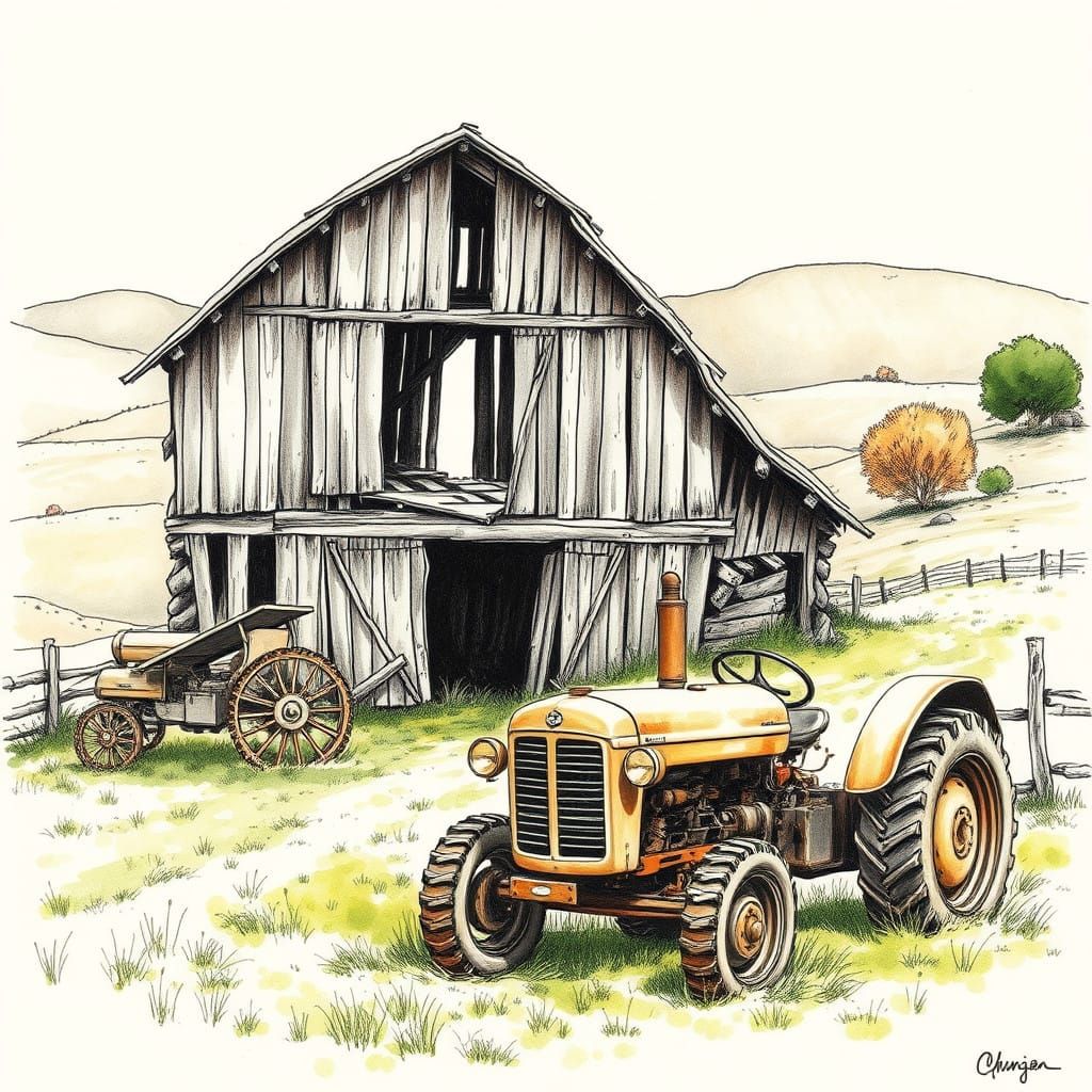 Quaint Farm in Hills Drawing