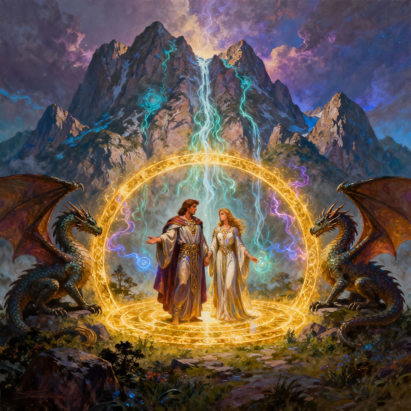 Mystic Couple in Golden Circle with Dragon Guardians