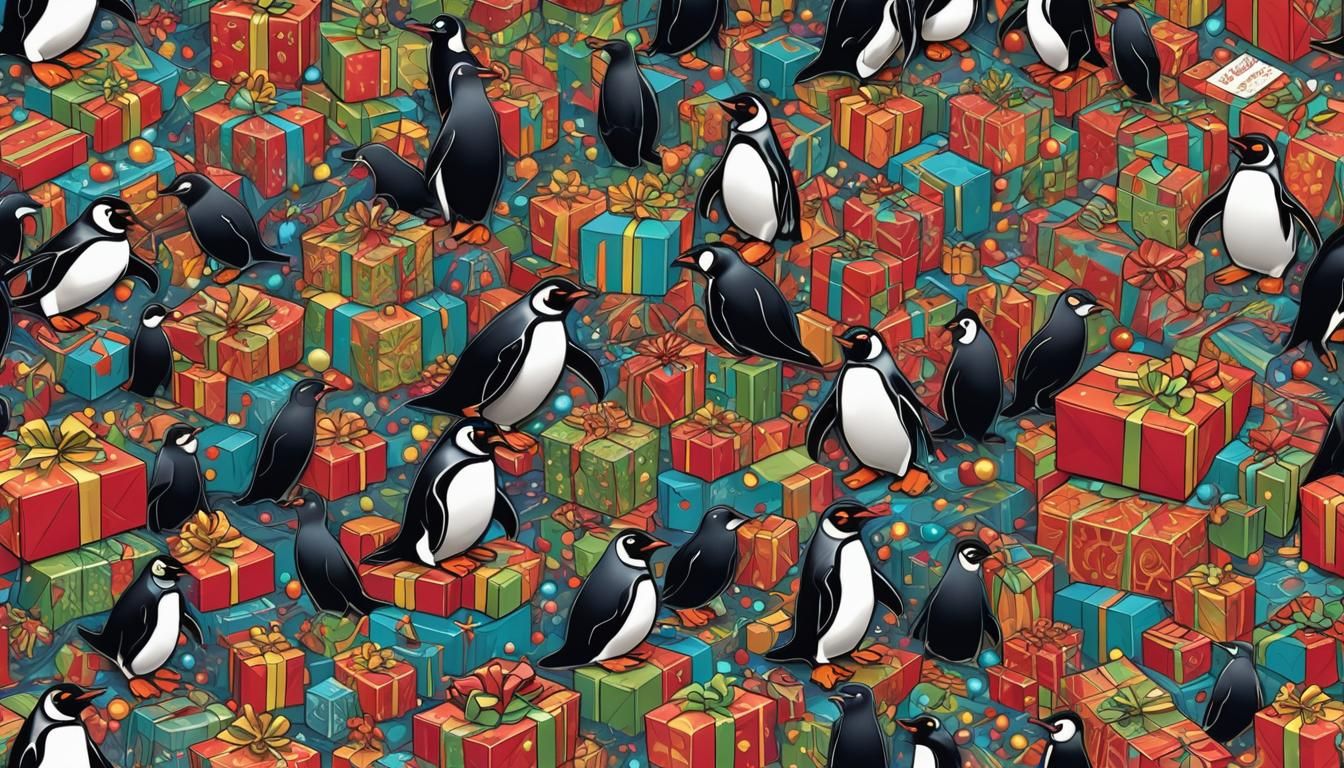 Vibrant Fractal Penguins Celebrate Christmas
