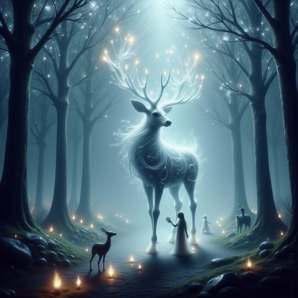 Ghostly Deer Guides Adventurers Through Enchanted Forest