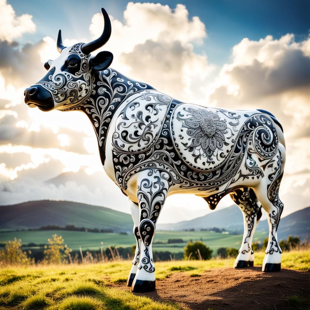 Porcelain Cow Figurine with Paisley Design