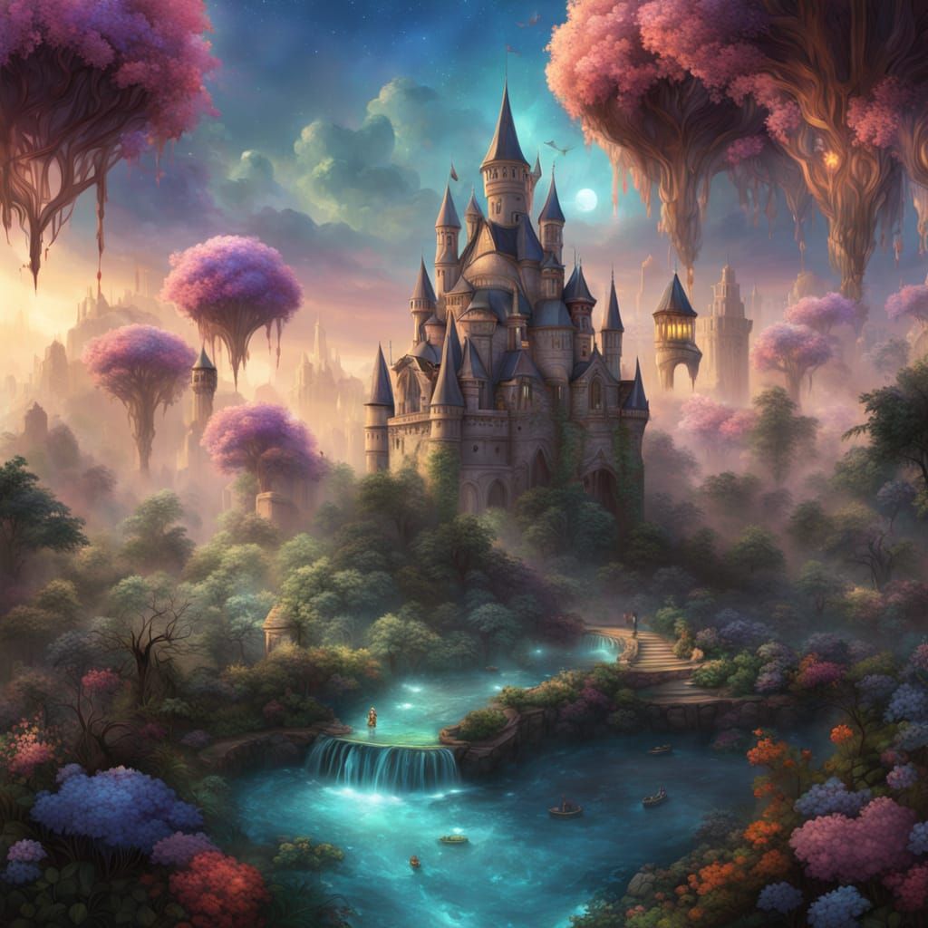 Enchanted Cake in a Neon Garden, Thomas Kinkade Style