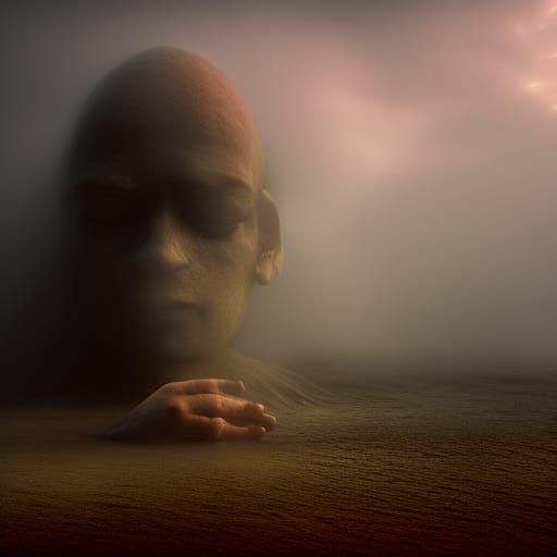 Giant Humanoid Asleep in Foggy Seascape