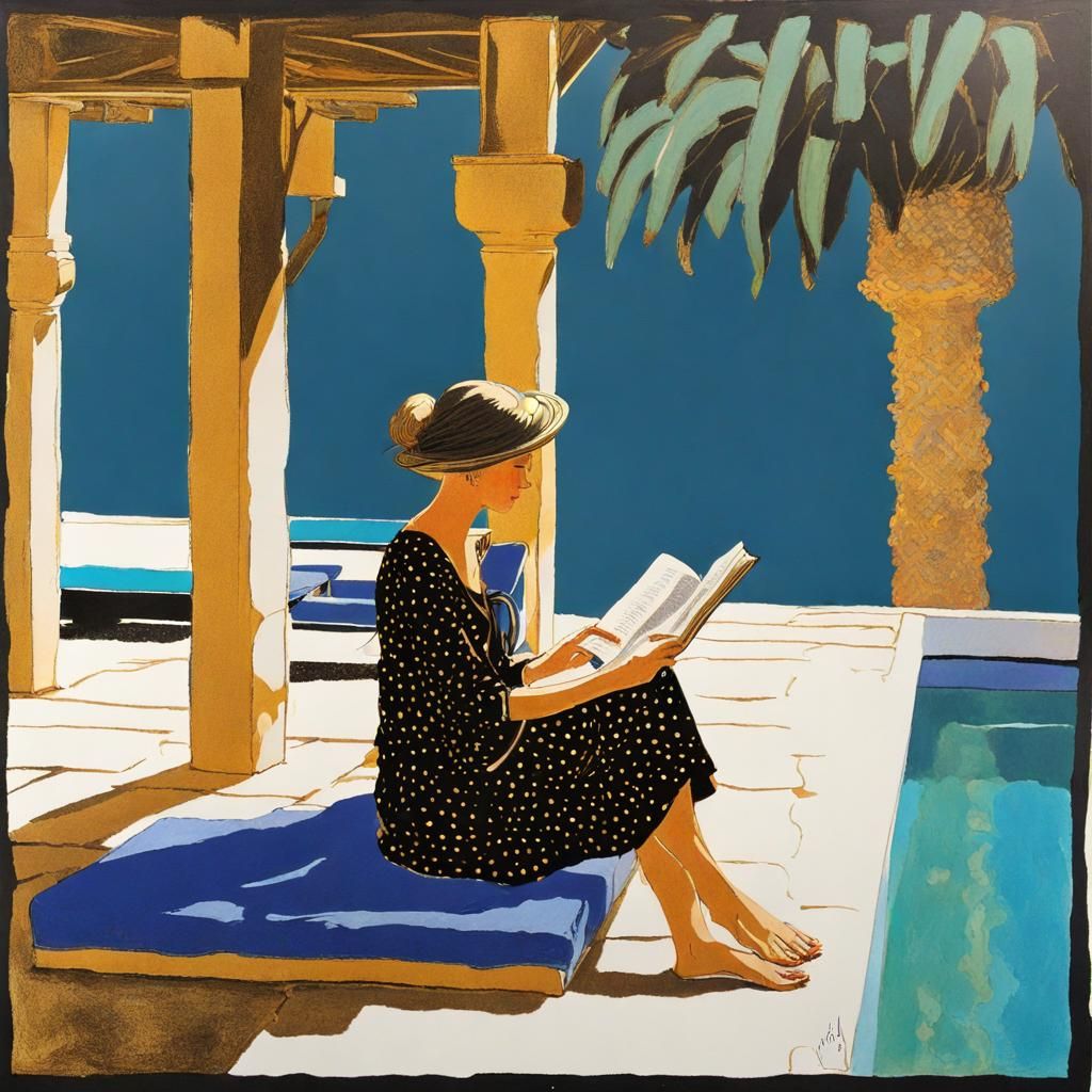 Woman Reading by Pool with Byzantine Gilding