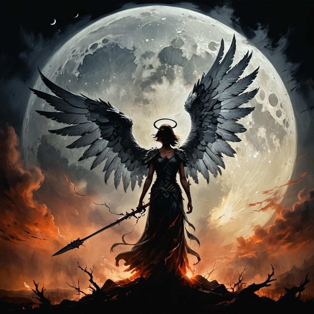 Evil Angel in Ominous Landscape as Oil Painting