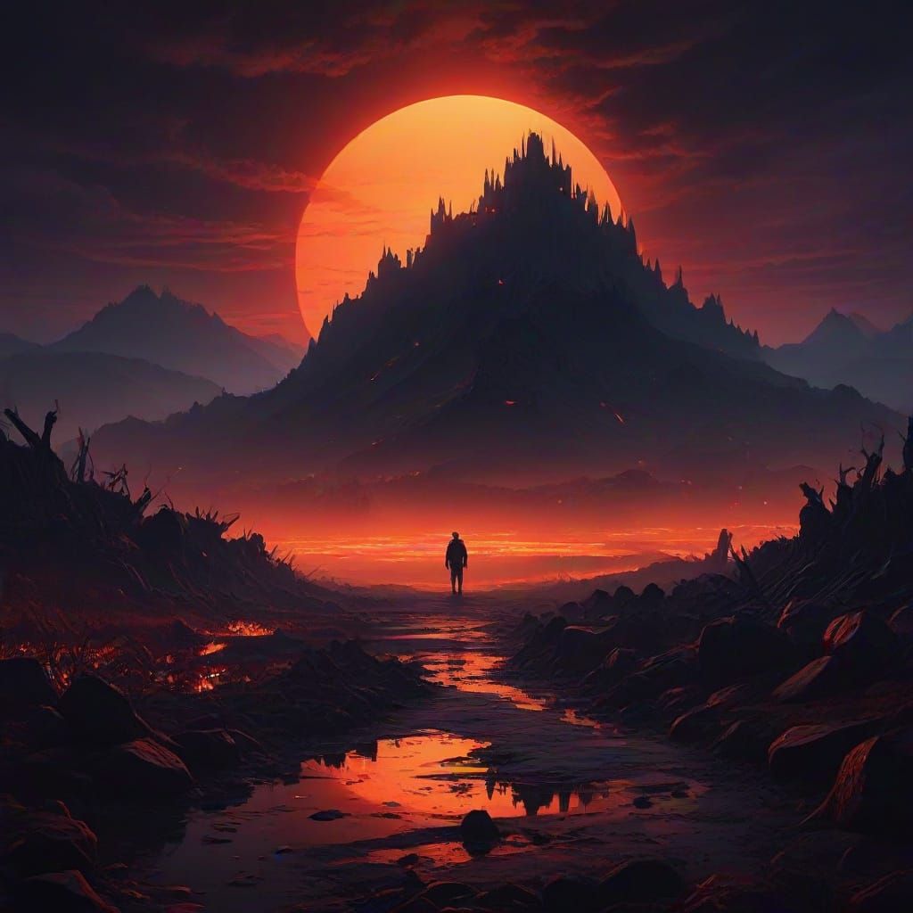 Dante Surrounded by the Nine Circles of Hell in a Surreal, D...