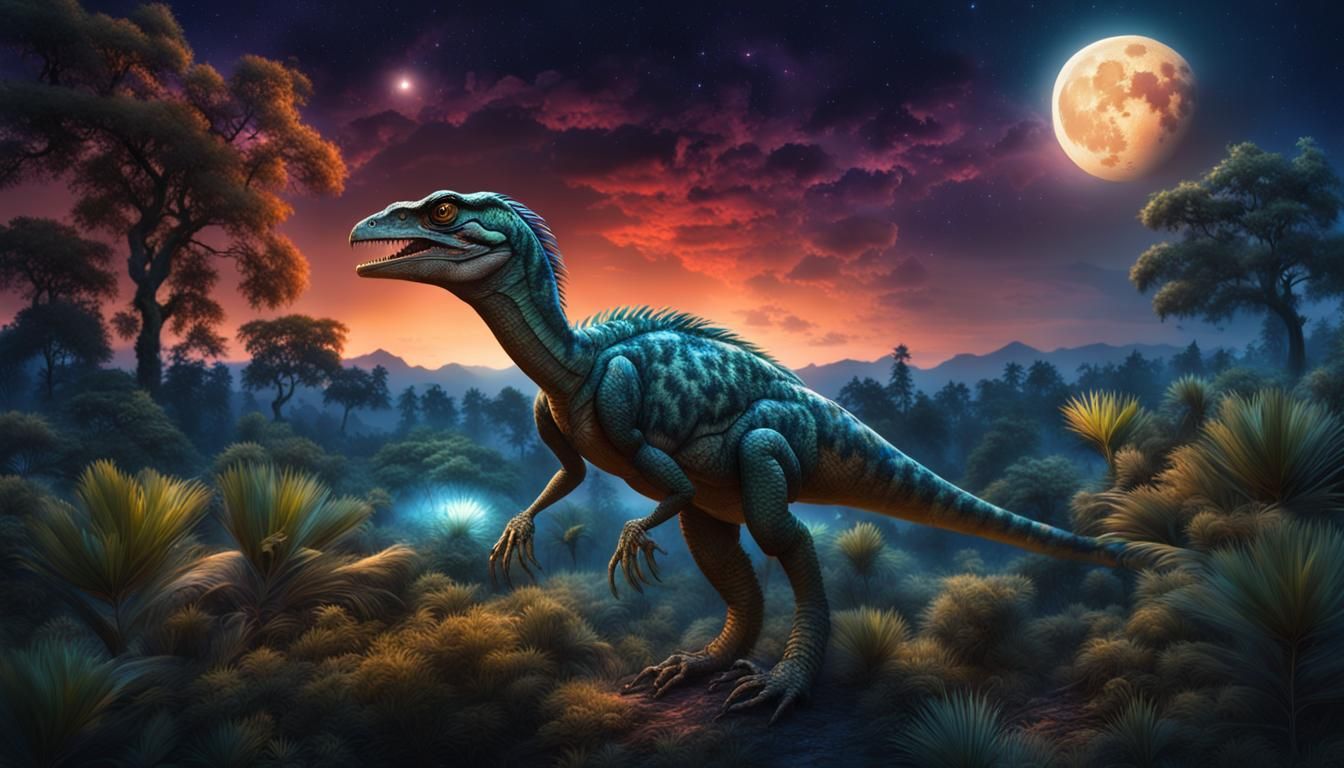 Iridiscent Velociraptors in a Glowing Jungle