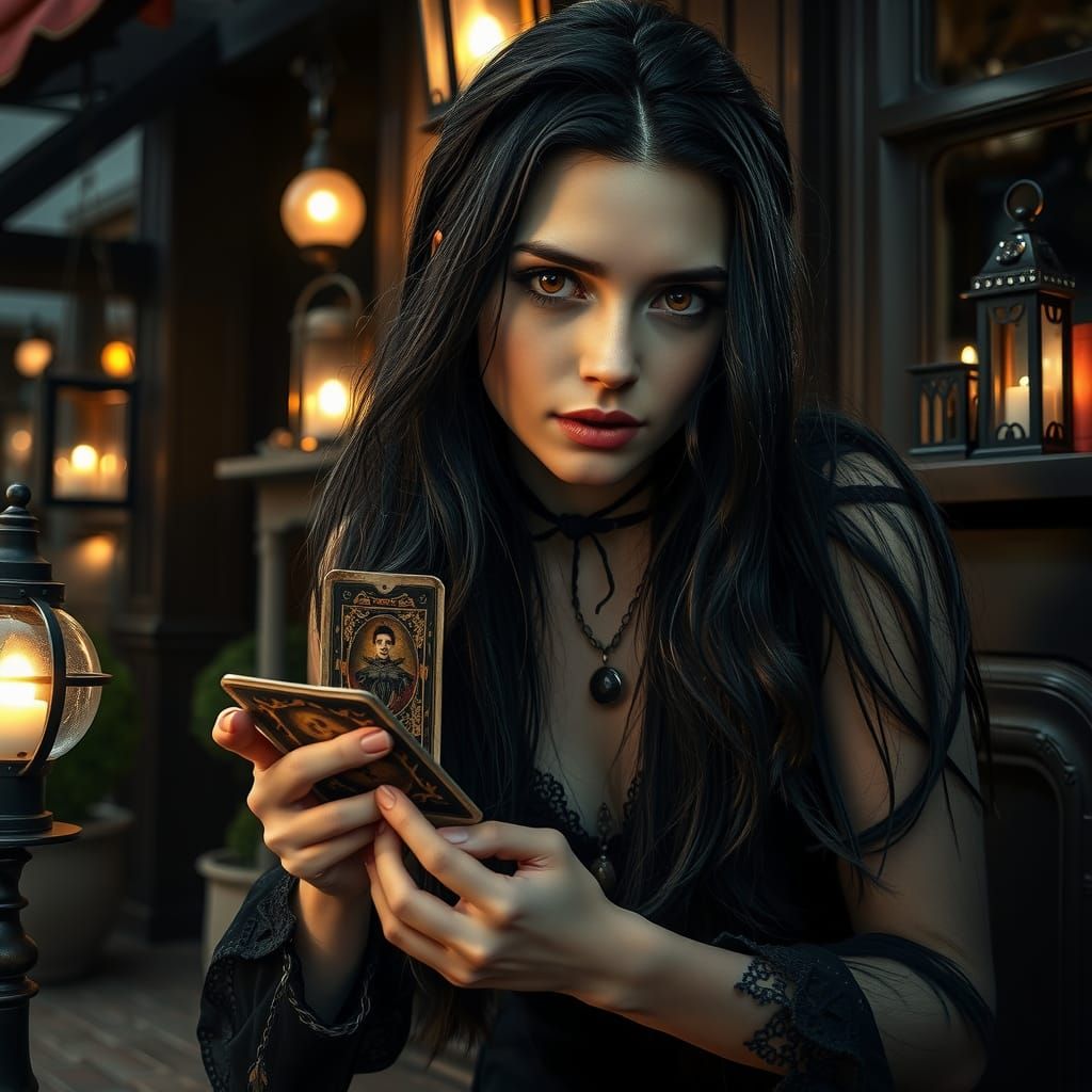 Scandinavian Vampire Shuffles Tarot Cards in Cinematic Style