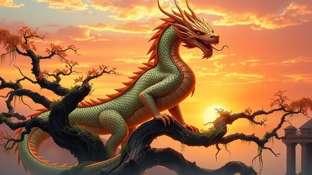 Ancient Jade Dragon Amidst Golden Sunset Majesty