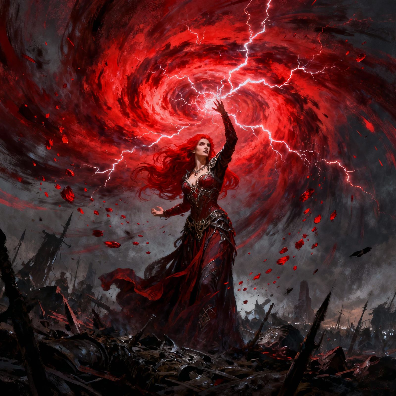 Crimson Sorceress Summons Tempest Over Fantasy Battlefield
