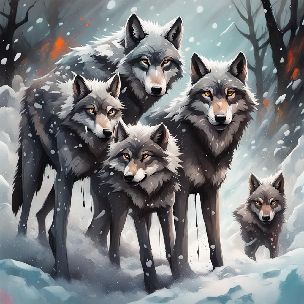 Wolves Hunting in Snowstorm: Graffiti Art Style