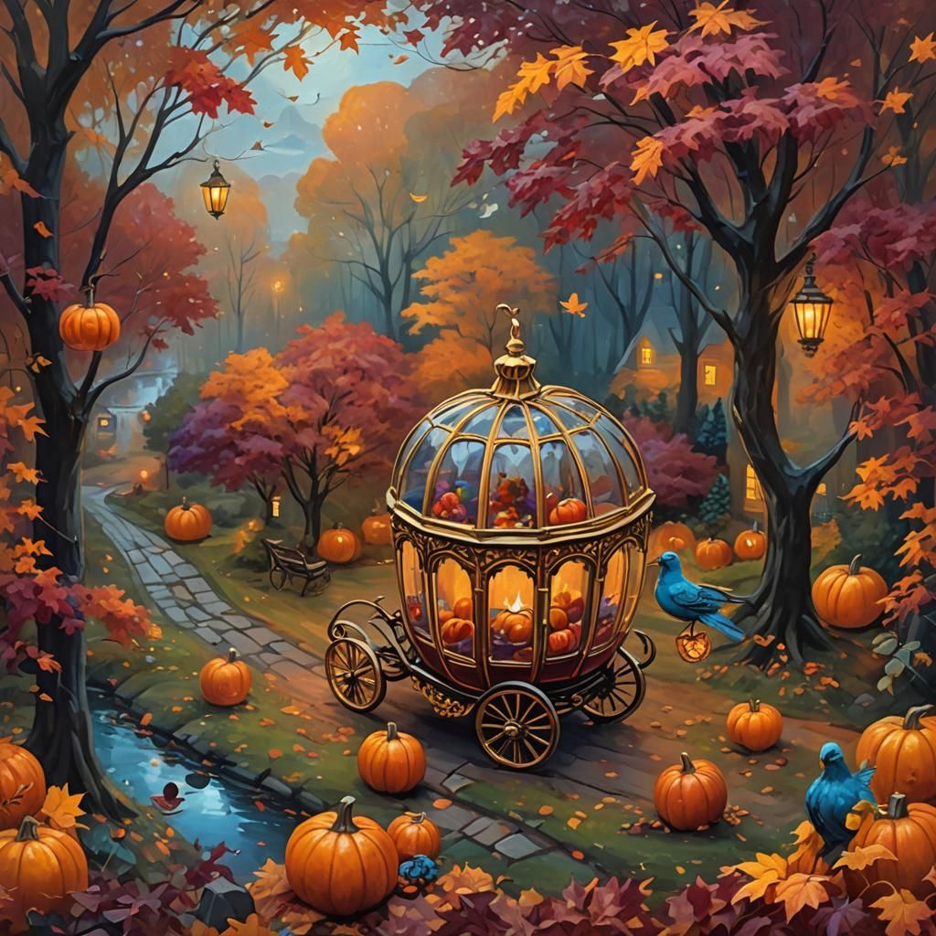 Glass Pumpkin Carriage Surrounded by Fall Foliage