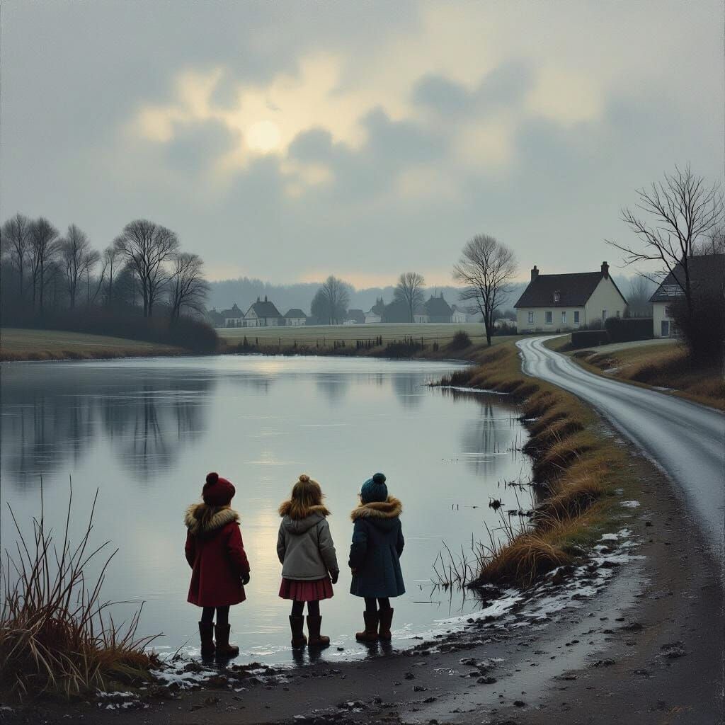 Moody Lake Scene in Normandie at Dusk, Realistic Matte Paint...