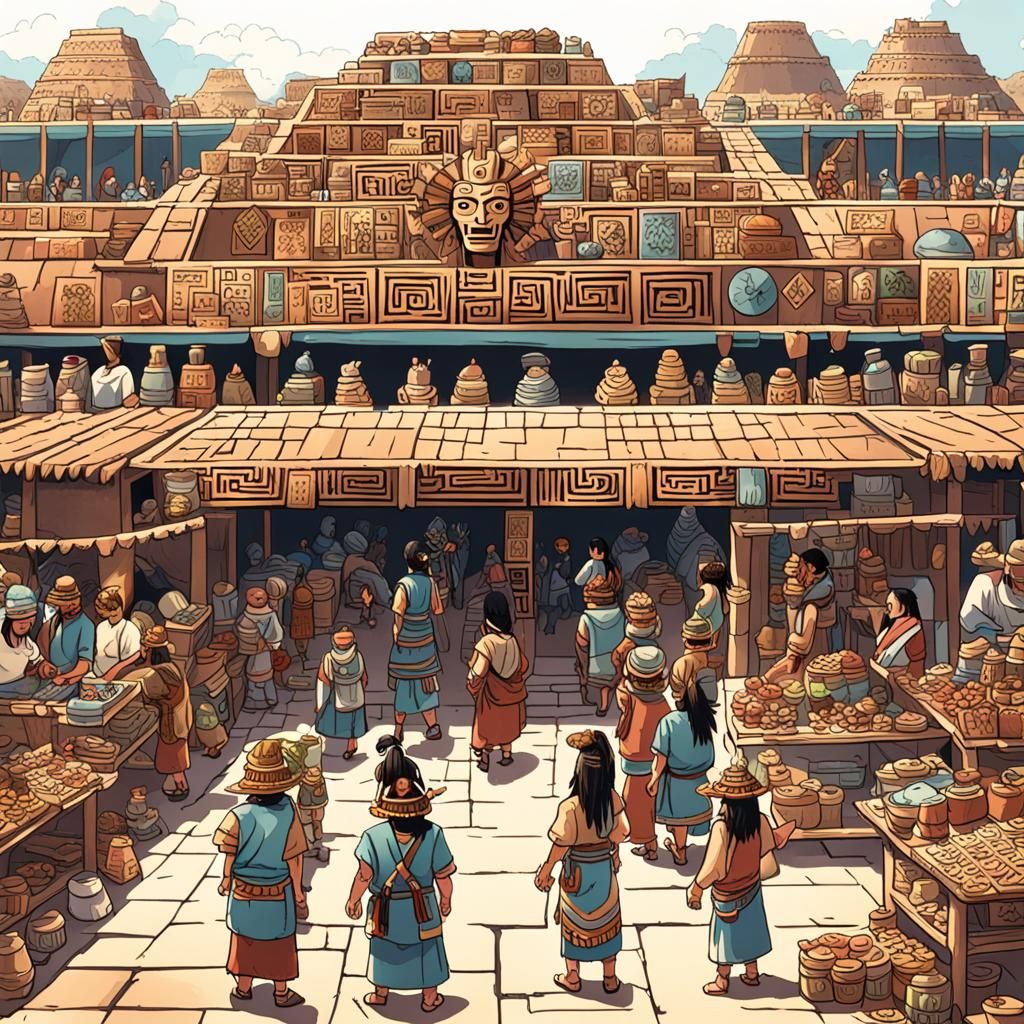 Vibrant Aztec Marketplace in Anime Style