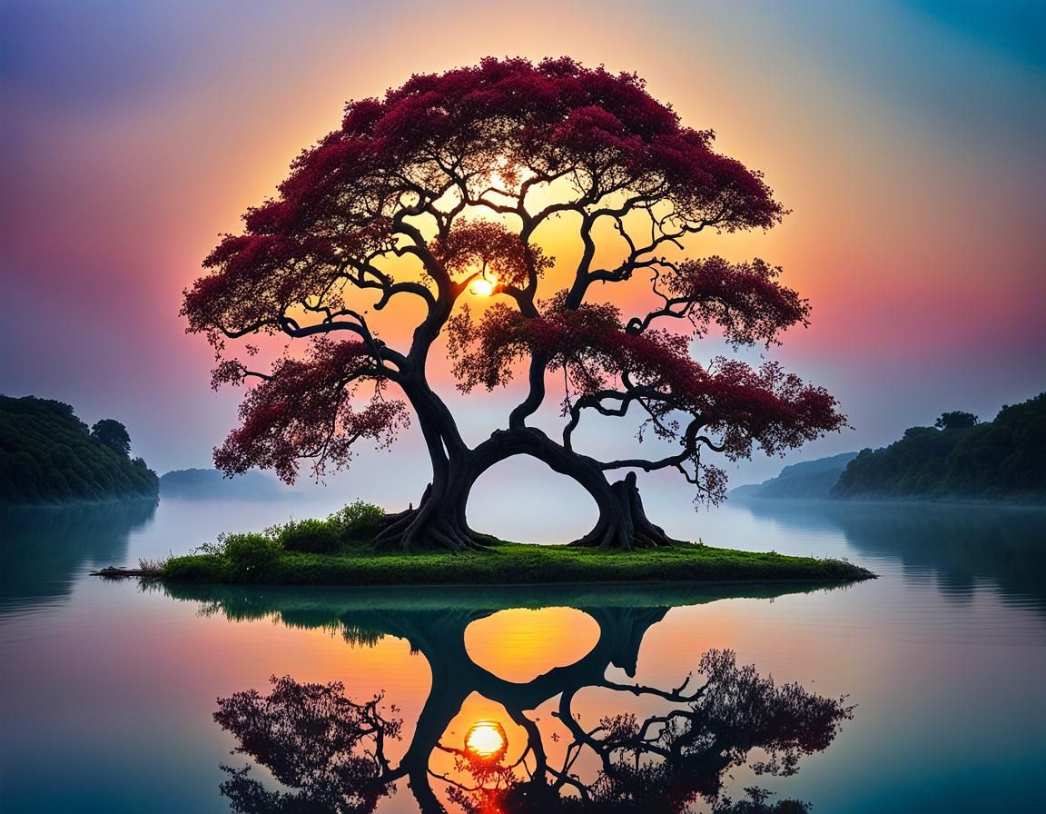 Solitary Tree Reflected in Tranquil Waterscape