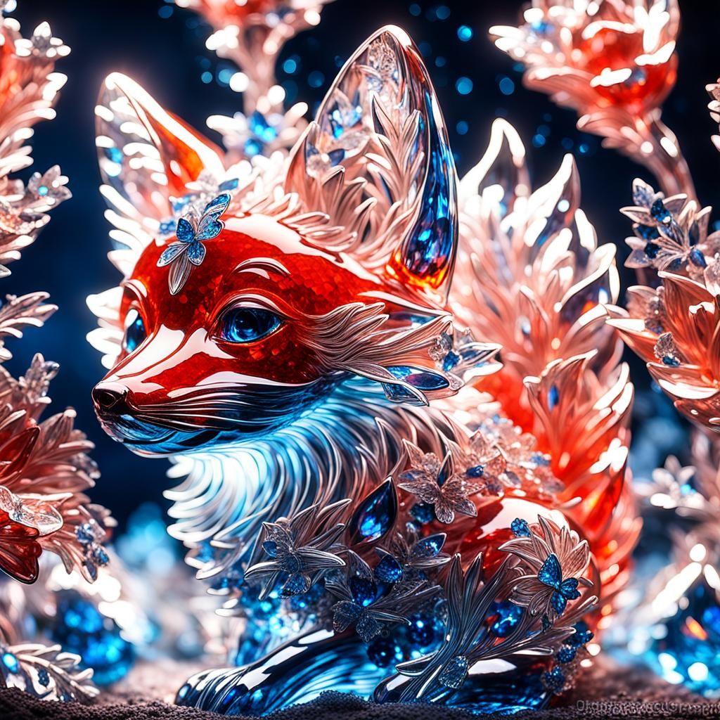 Luminous Crystal Fox Sculpture with Butterflies