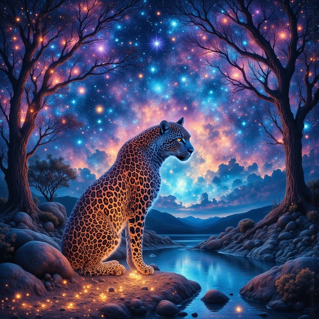 Leopard in Starry Night Dreamscape, Digital Art