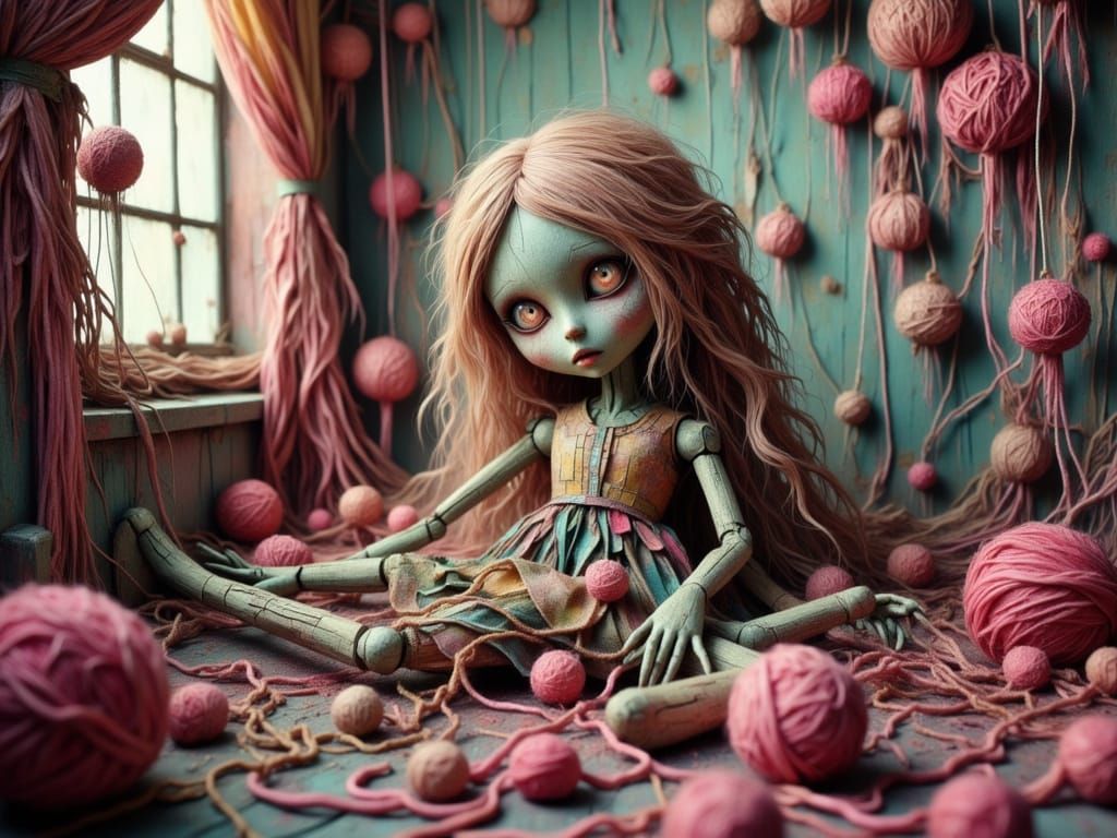 Creepy Doll in Pastel Nursery, Surreal Digital Art