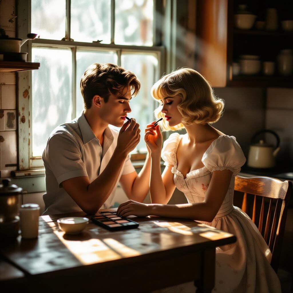 Vintage Kitchen Scene with a Crossdressed Young Man