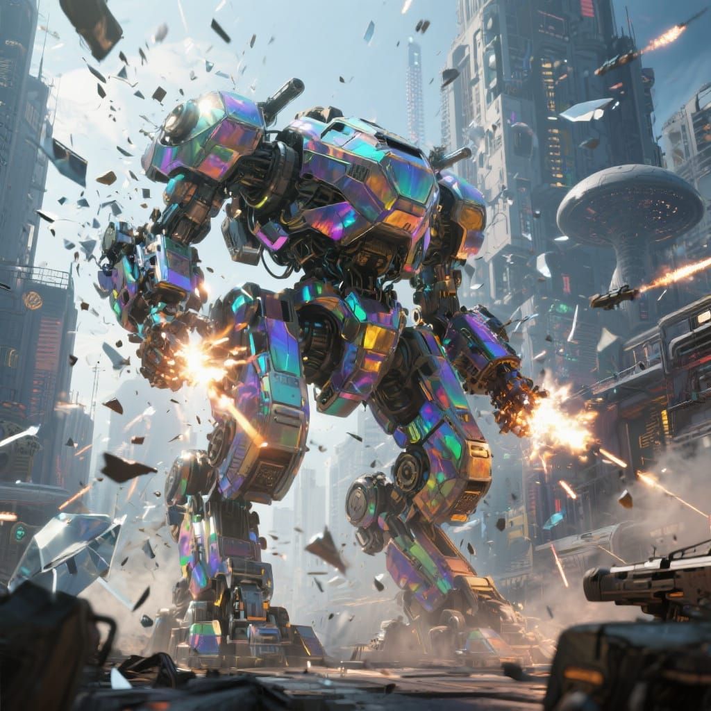 Kaleidoscope Battle-Mech Towers Over Retro-Futuristic Citysc...
